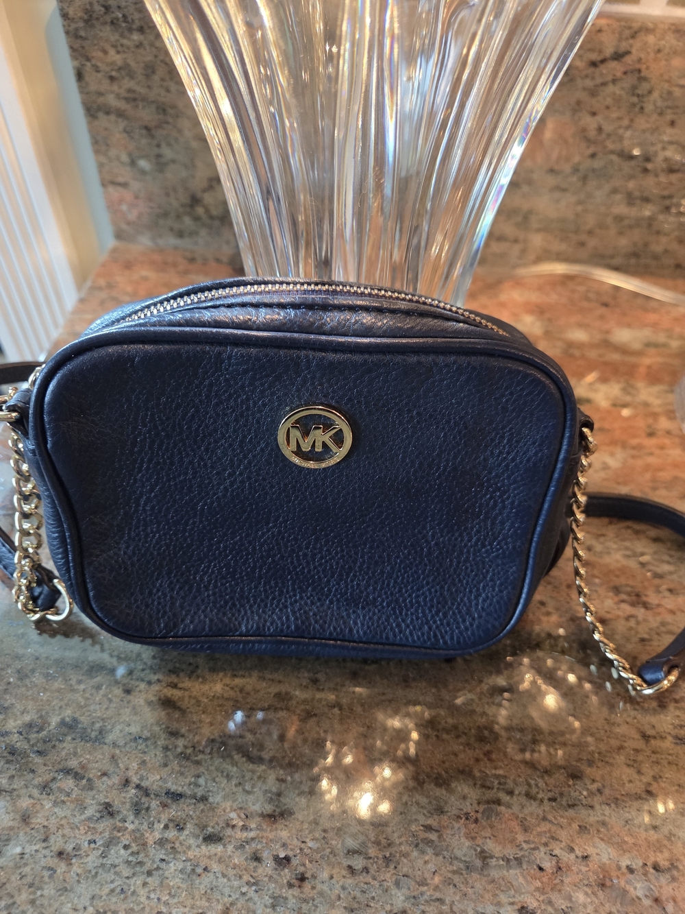 Michael Kors Navy Leather Crossbody Bag with Gold Chain